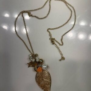 Gold Leaf Pendant Necklace with Pearls and Orange Accent